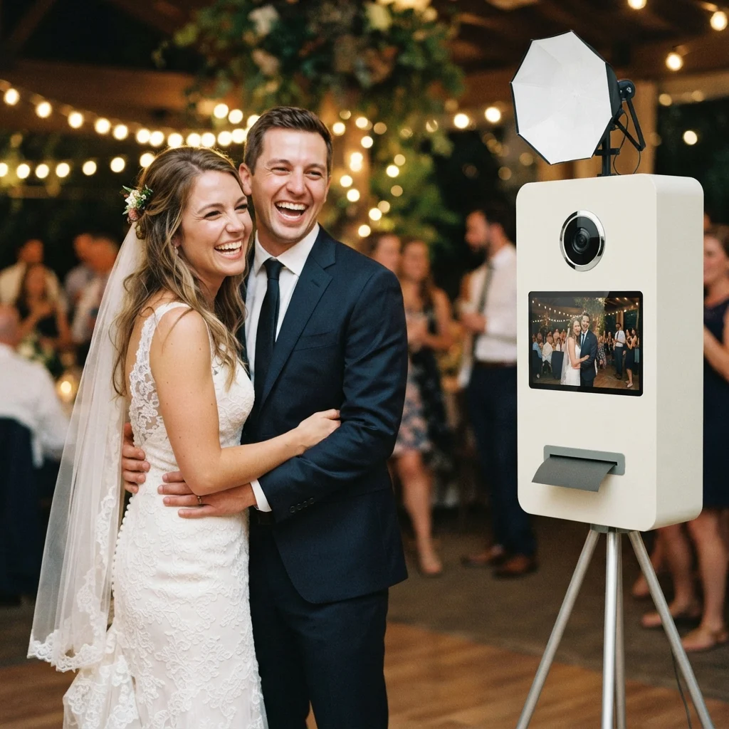 Bride and groom laugh beside a photo booth at a warmly lit wedding reception.