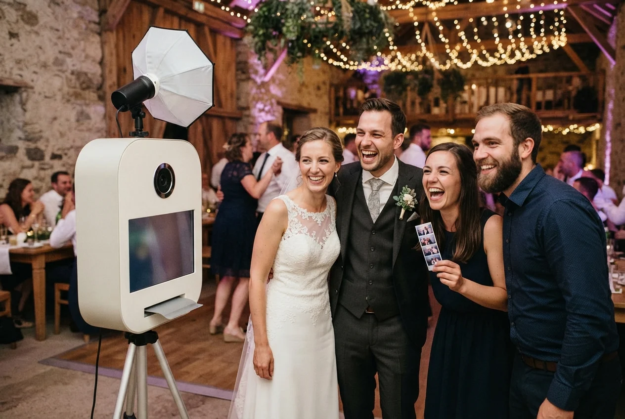 Bride, groom, and two guests pose beside a photo booth at a warmly lit rustic wedding reception.