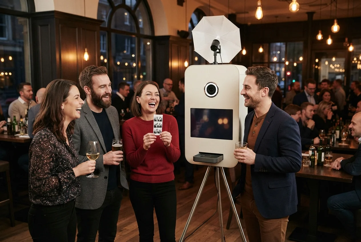 Four adults laugh beside a photo booth in a warmly lit, crowded bar.