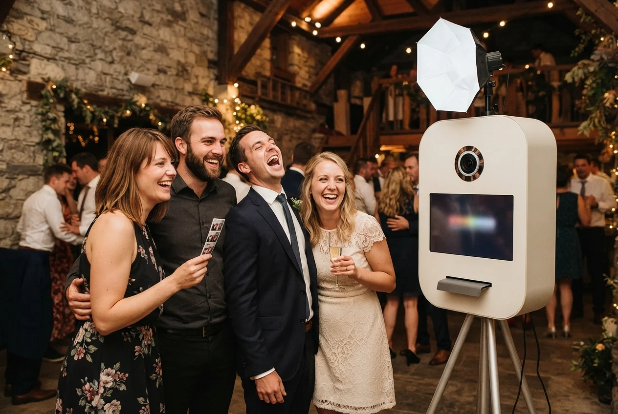 Four laughing adults pose beside a cream photo booth at a warmly lit rustic indoor celebration.