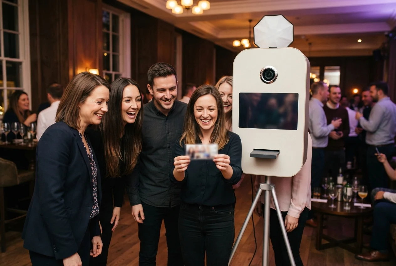 Friends smile beside a cream-colored photo booth at a warmly lit indoor party.