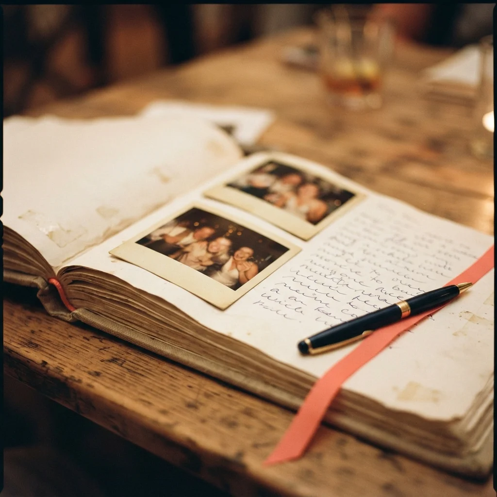 Open vintage photo album with two group photos, cursive writing, a fountain pen, and a red ribbon bookmark.