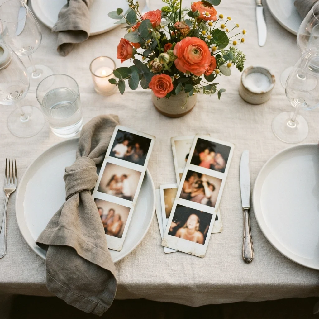 Overhead view of a floral dining table with place settings, candles, glasses, and blurred instant photos.