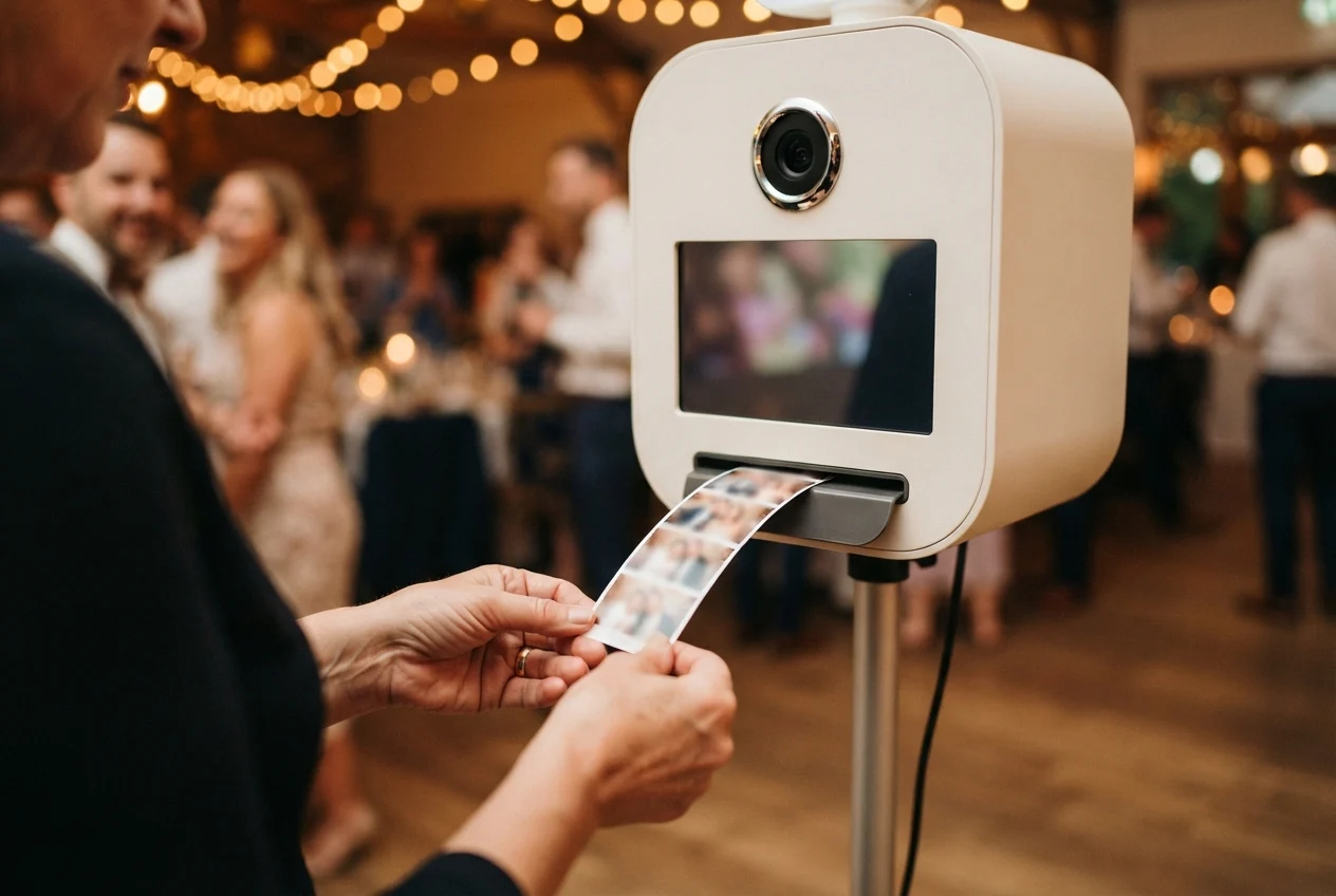 Person holds a photo strip emerging from a freestanding photo booth at a warmly lit indoor event.