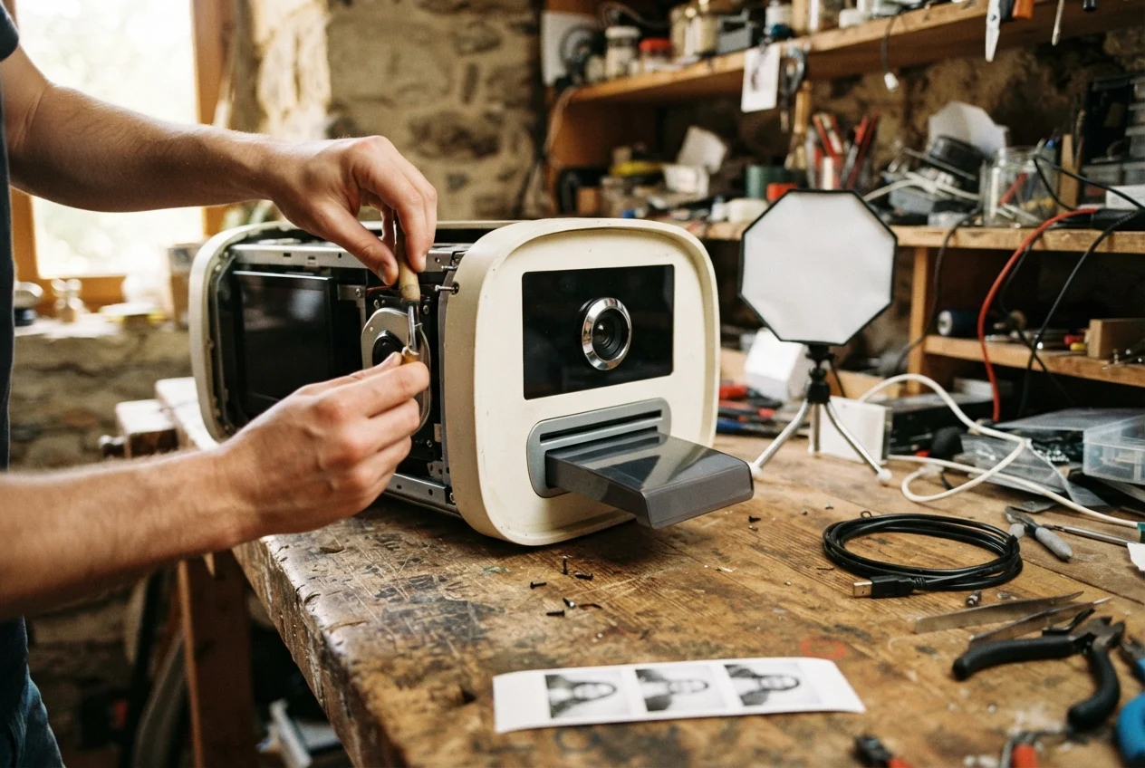 Person repairs a cream-colored vintage electronic device on a cluttered workshop bench.