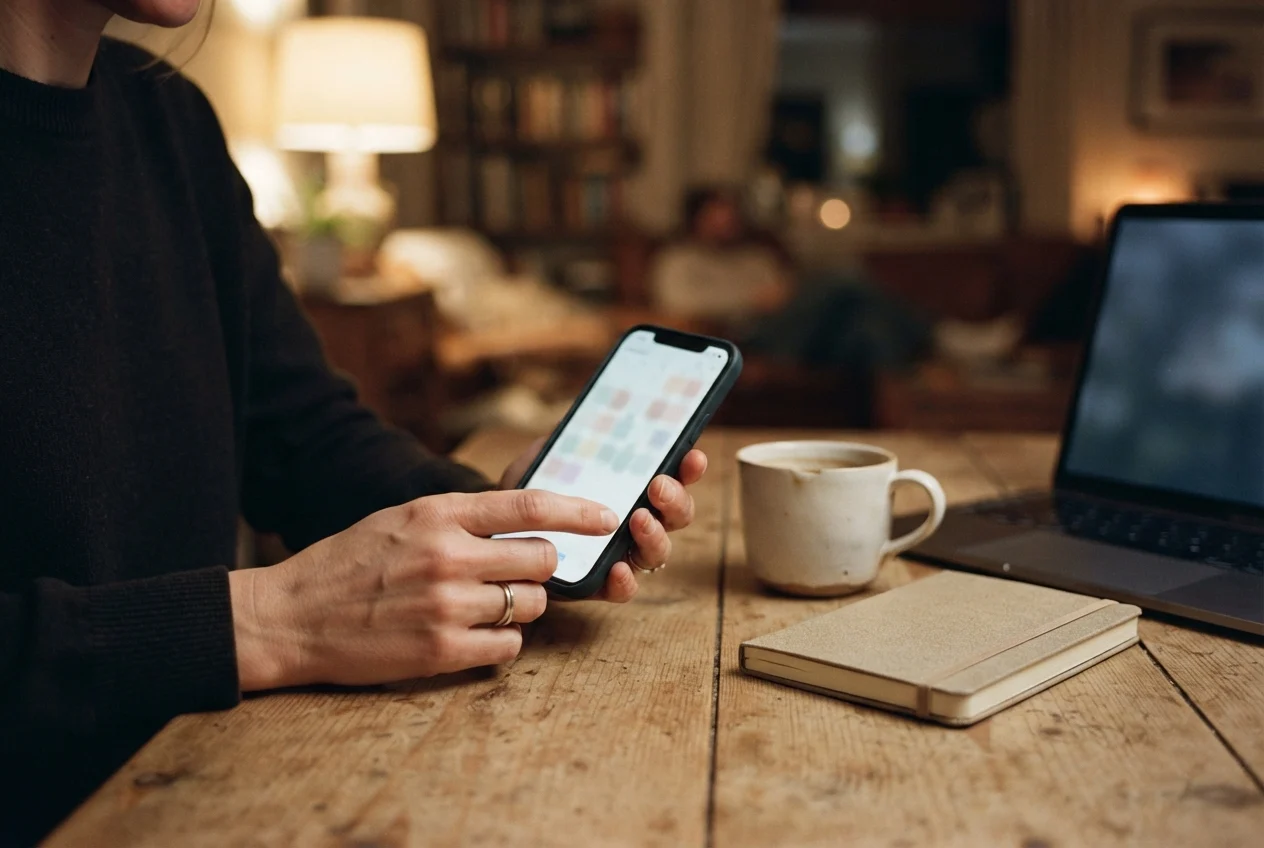 Person taps a smartphone beside a laptop, mug, and notebook on a warmly lit wooden table.