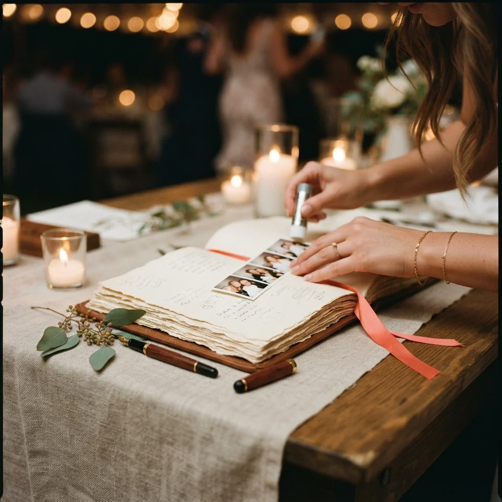 Person writes in a decorated guest book surrounded by candles, photos, greenery, and ribbon.