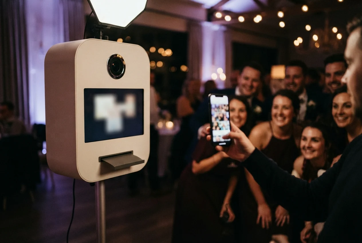 Photo kiosk and smartphone capture a smiling group at a warmly lit indoor event.