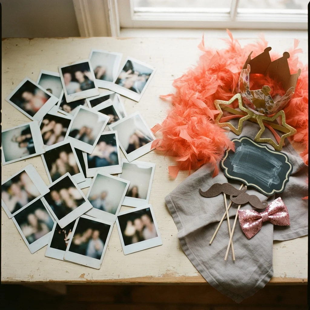 Scattered blurred instant photos and colorful photo-booth props arranged on a distressed wooden table.