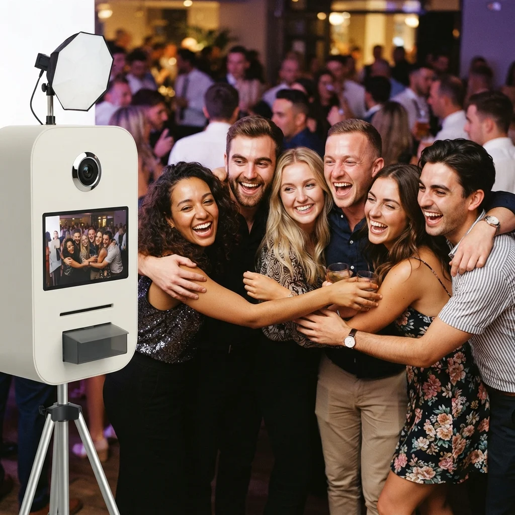 Six friends pose and smile beside a freestanding photo booth at a crowded indoor party.