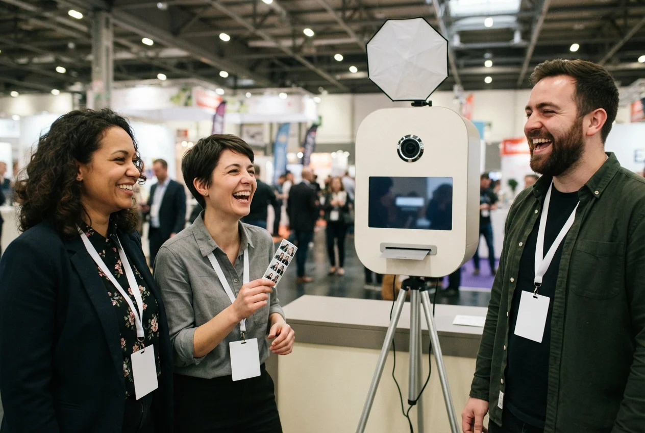 Three smiling trade-show attendees stand beside a tripod-mounted photo booth with a camera, screen, printer, and softbox.