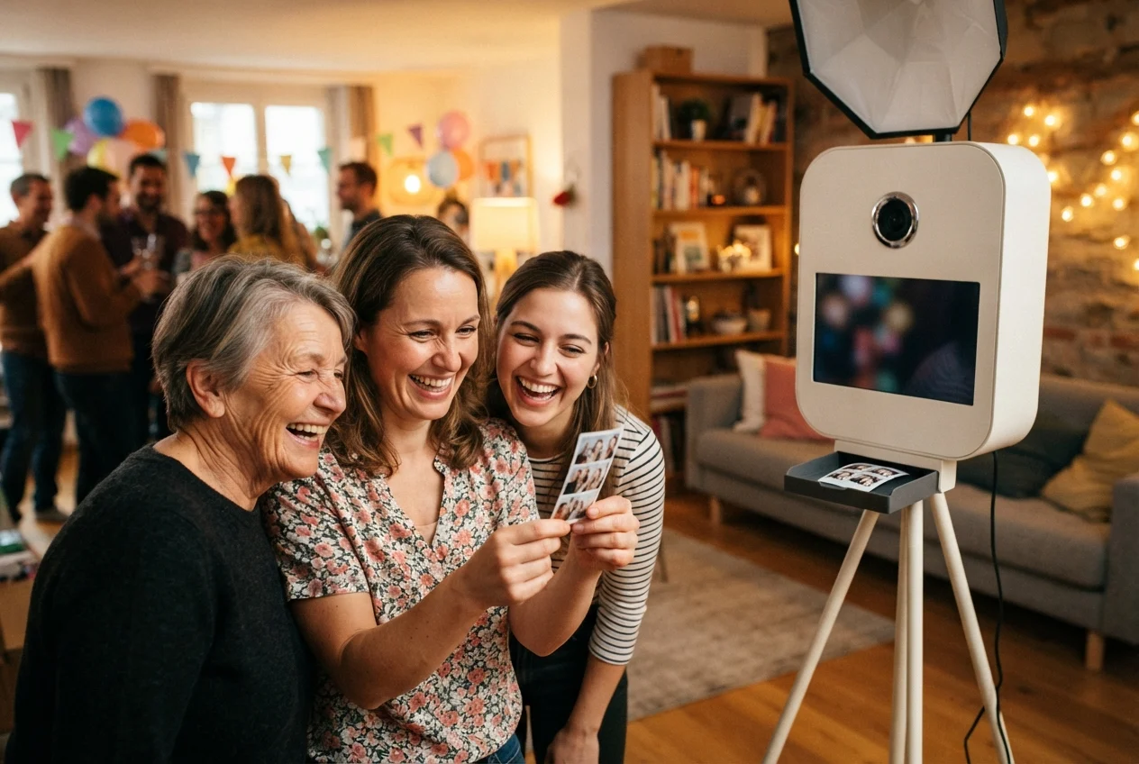 Three women laugh over a photo strip beside a freestanding photo booth at a warmly decorated indoor party.