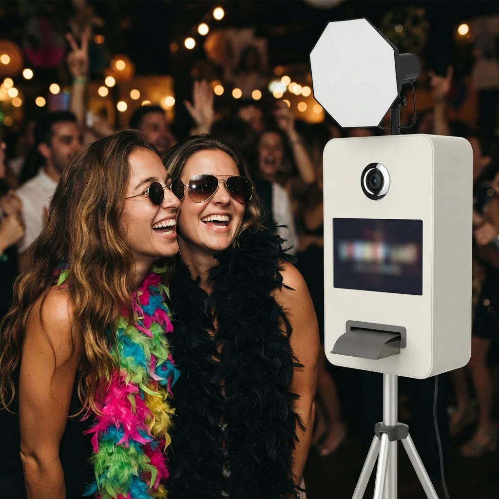 Two laughing women in feather boas pose beside a photo booth at a dimly lit party.