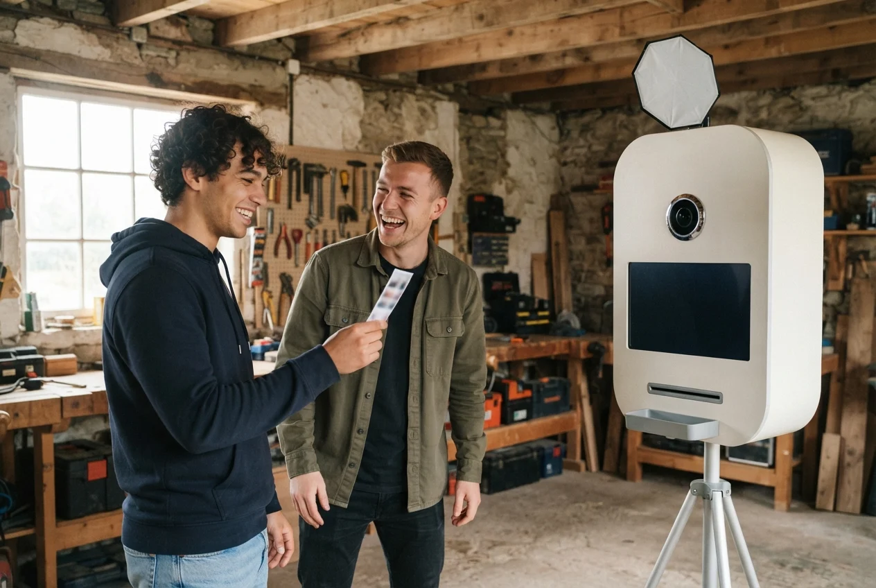 Two men laugh beside a white camera kiosk in a rustic workshop, one holding a printed strip.
