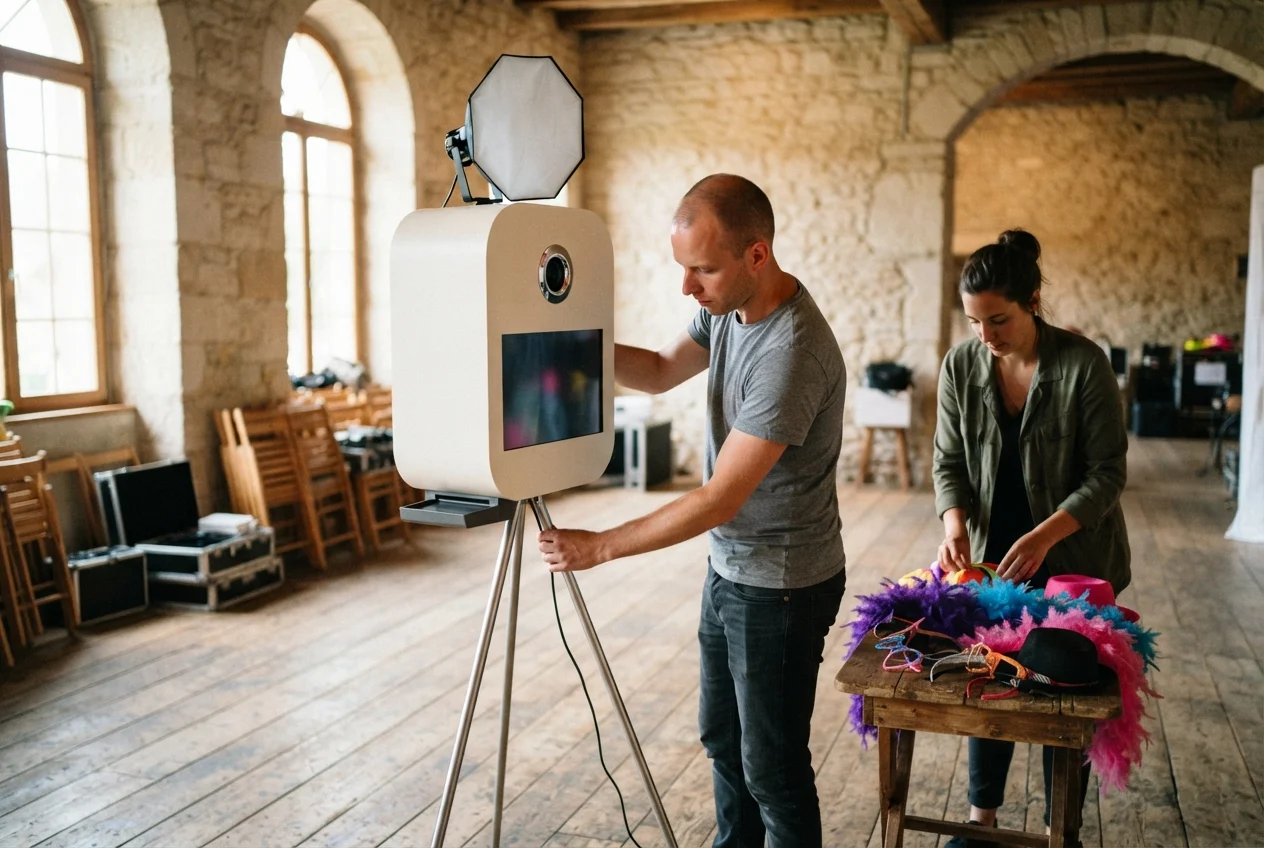 Two people set up a photo booth and colorful party props in a rustic stone room.