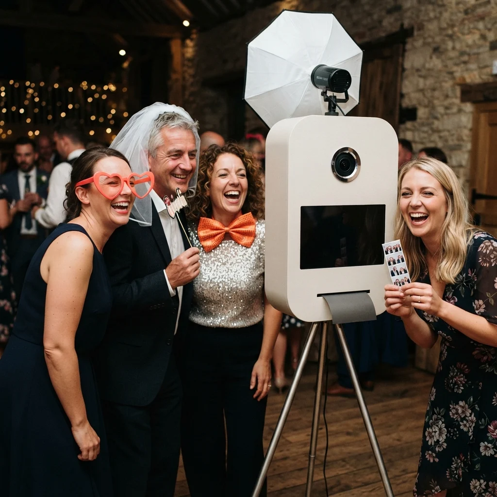 Wedding guests laugh around a photo booth camera at a warmly lit rustic reception.