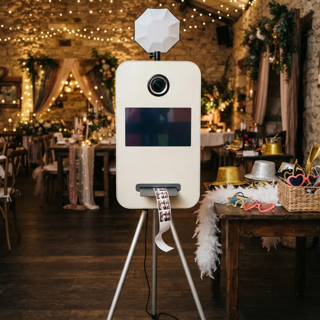White photo booth printing photos at a warmly lit rustic reception beside a table of party props.
